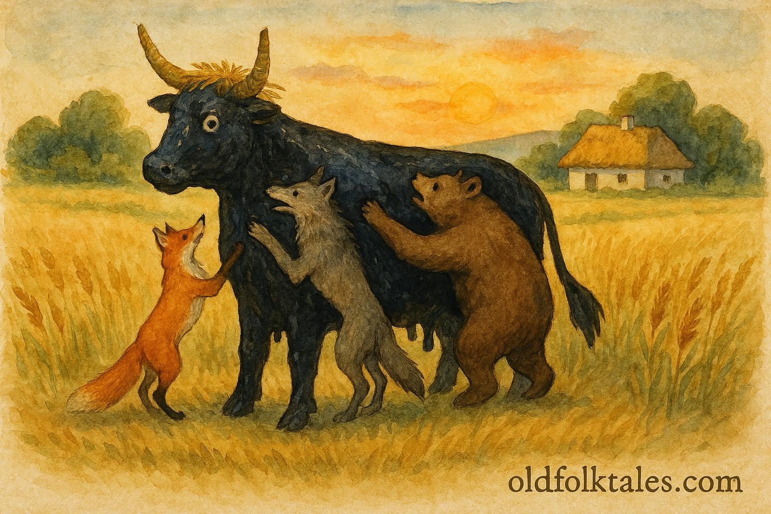 An illustration of a straw bull trapping forest animals in a Ukrainian field.