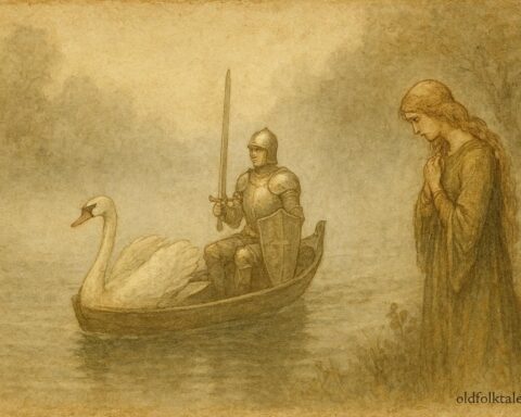 An illustration of Lohengrin departing in a swan-drawn boat on the Scheldt River, medieval folklore scene.