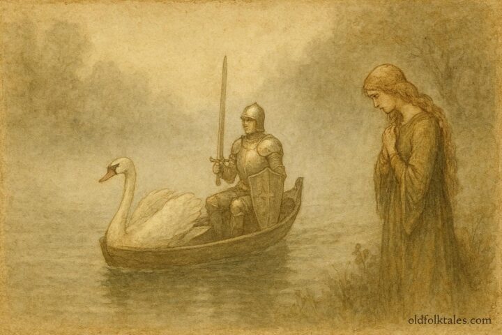 An illustration of Lohengrin departing in a swan-drawn boat on the Scheldt River, medieval folklore scene.