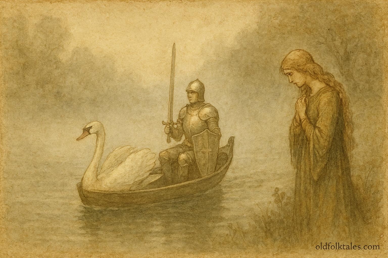 An illustration of Lohengrin departing in a swan-drawn boat on the Scheldt River, medieval folklore scene.