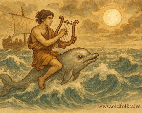 An artwork of Arion on a dolphin with lyre, rescued from the sea in ancient Greek legend.