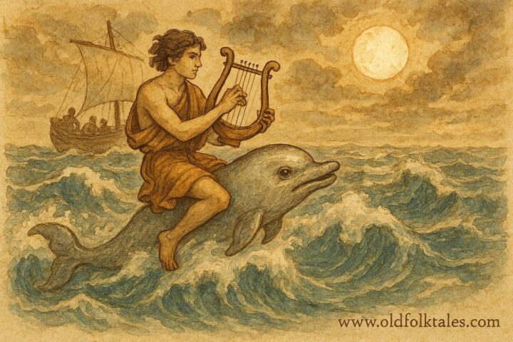 An artwork of Arion on a dolphin with lyre, rescued from the sea in ancient Greek legend.