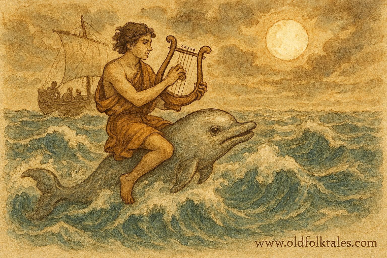 An artwork of Arion on a dolphin with lyre, rescued from the sea in ancient Greek legend.