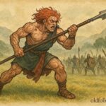 An illustration of Cú Chulainn wielding Gáe Bulg in battle, Irish folktale scene.