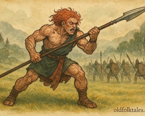 An illustration of Cú Chulainn wielding Gáe Bulg in battle, Irish folktale scene.