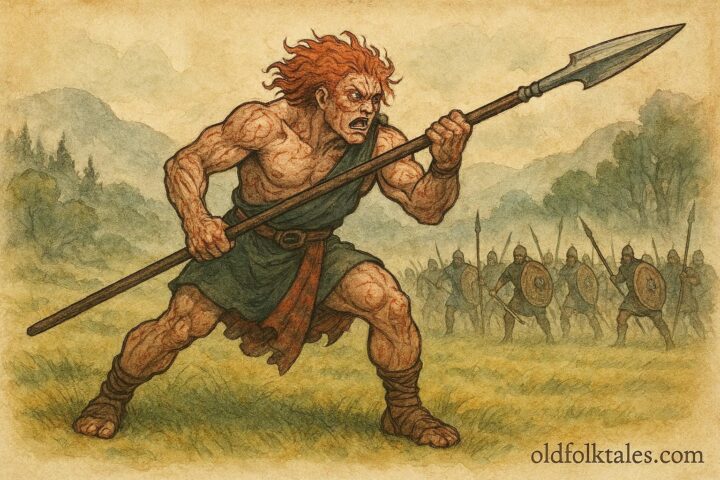 An illustration of Cú Chulainn wielding Gáe Bulg in battle, Irish folktale scene.
