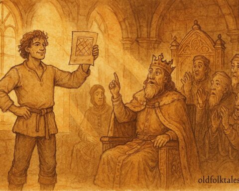 An illustration of Ionel solving a riddle before the king, Romanian folktale scene.