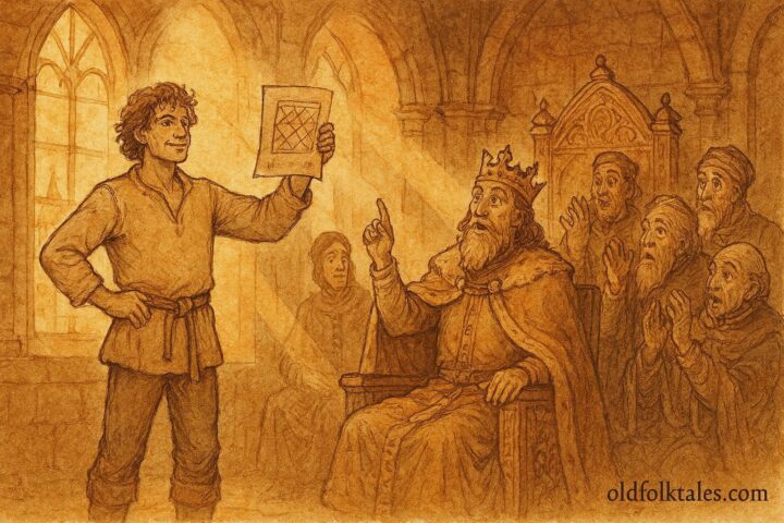 An illustration of Ionel solving a riddle before the king, Romanian folktale scene.
