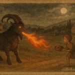 An artwork of fire-breathing goat and boy lifting curse, Greek folktale scene.