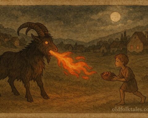 An artwork of fire-breathing goat and boy lifting curse, Greek folktale scene.