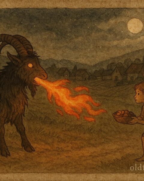 An artwork of fire-breathing goat and boy lifting curse, Greek folktale scene.