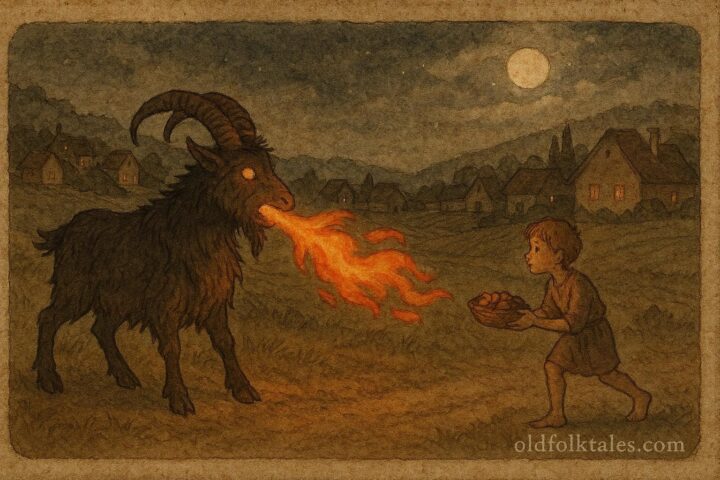 An artwork of fire-breathing goat and boy lifting curse, Greek folktale scene.