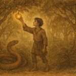 An artwork of Albanian youth retrieving golden apple in enchanted garden, folklore scene.