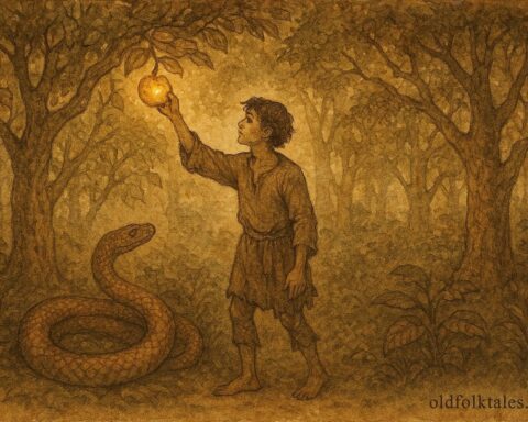 An artwork of Albanian youth retrieving golden apple in enchanted garden, folklore scene.