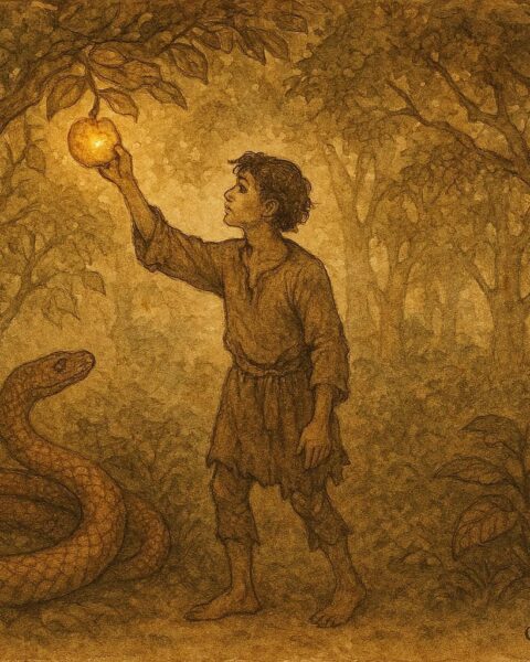 An artwork of Albanian youth retrieving golden apple in enchanted garden, folklore scene.
