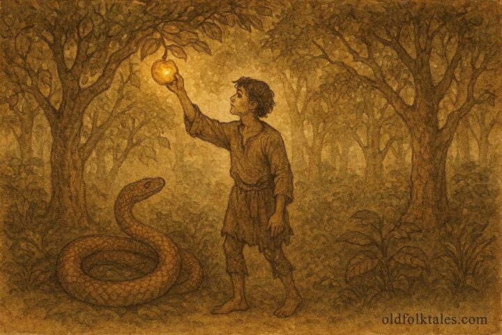 An artwork of Albanian youth retrieving golden apple in enchanted garden, folklore scene.