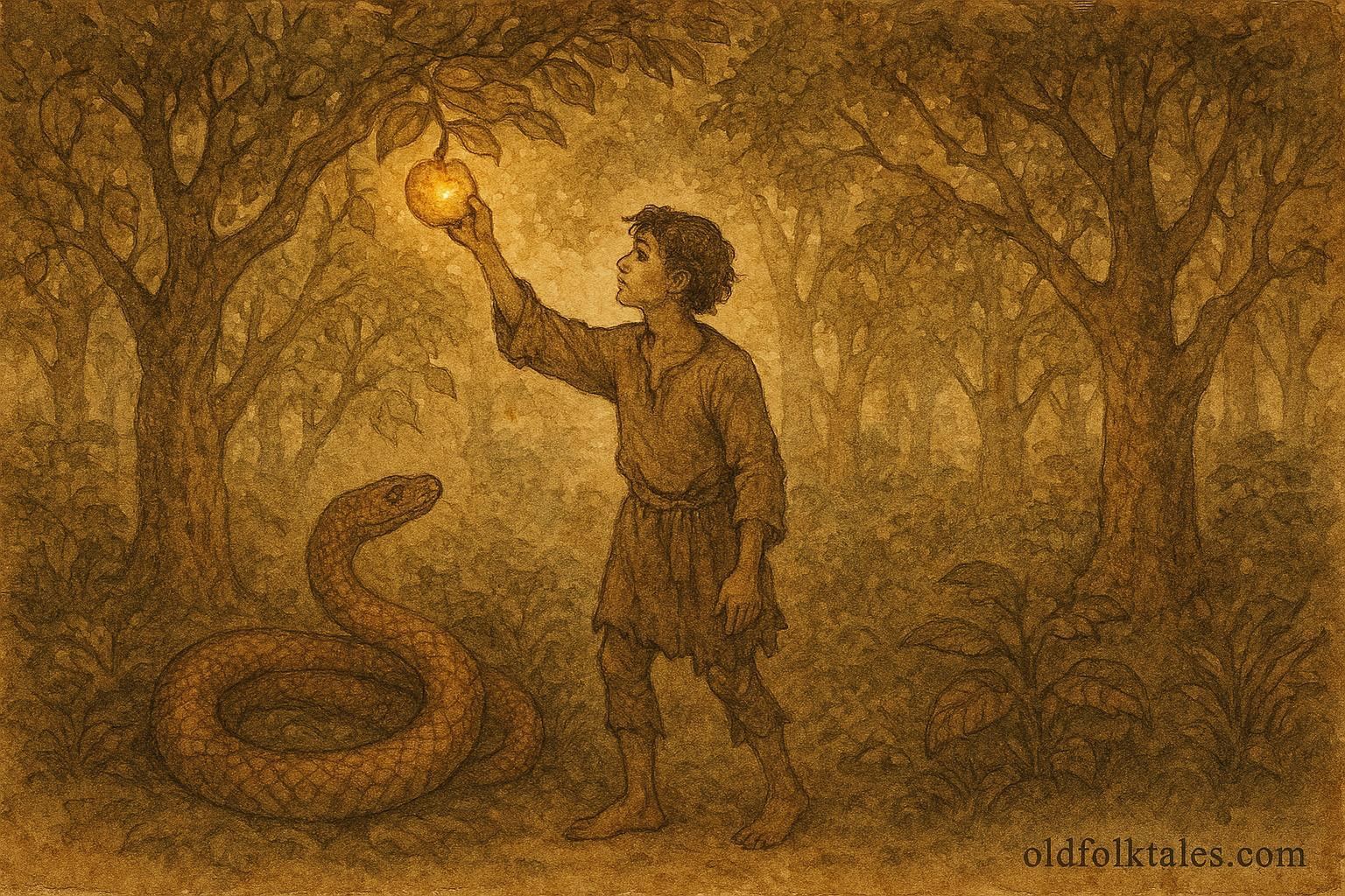 An artwork of Albanian youth retrieving golden apple in enchanted garden, folklore scene.