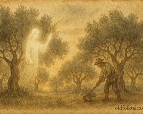 An artwork of olive tree spirit blessing a farmer, Greek folktale scene.