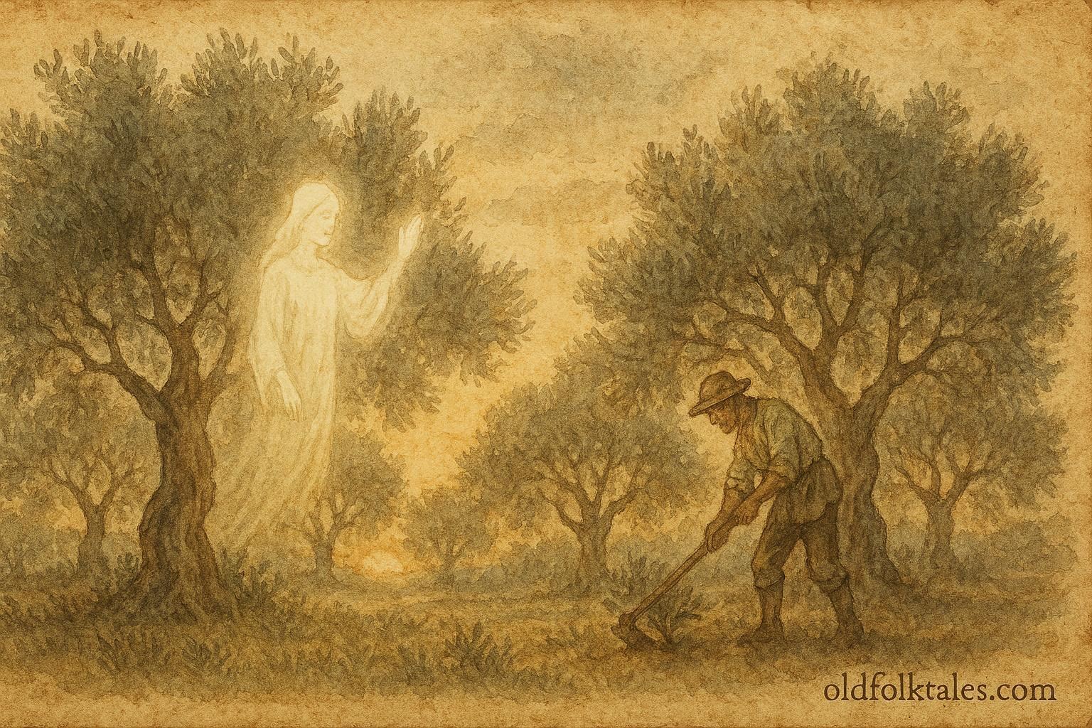 An artwork of olive tree spirit blessing a farmer, Greek folktale scene.