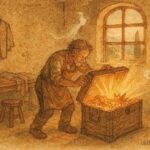 An illustration of a tailor opening a magical chest, Tuscan folklore scene.