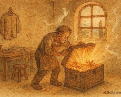 An illustration of a tailor opening a magical chest, Tuscan folklore scene.