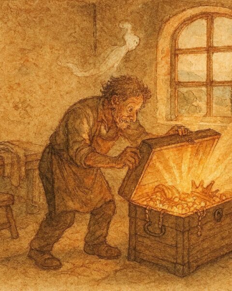 An illustration of a tailor opening a magical chest, Tuscan folklore scene.