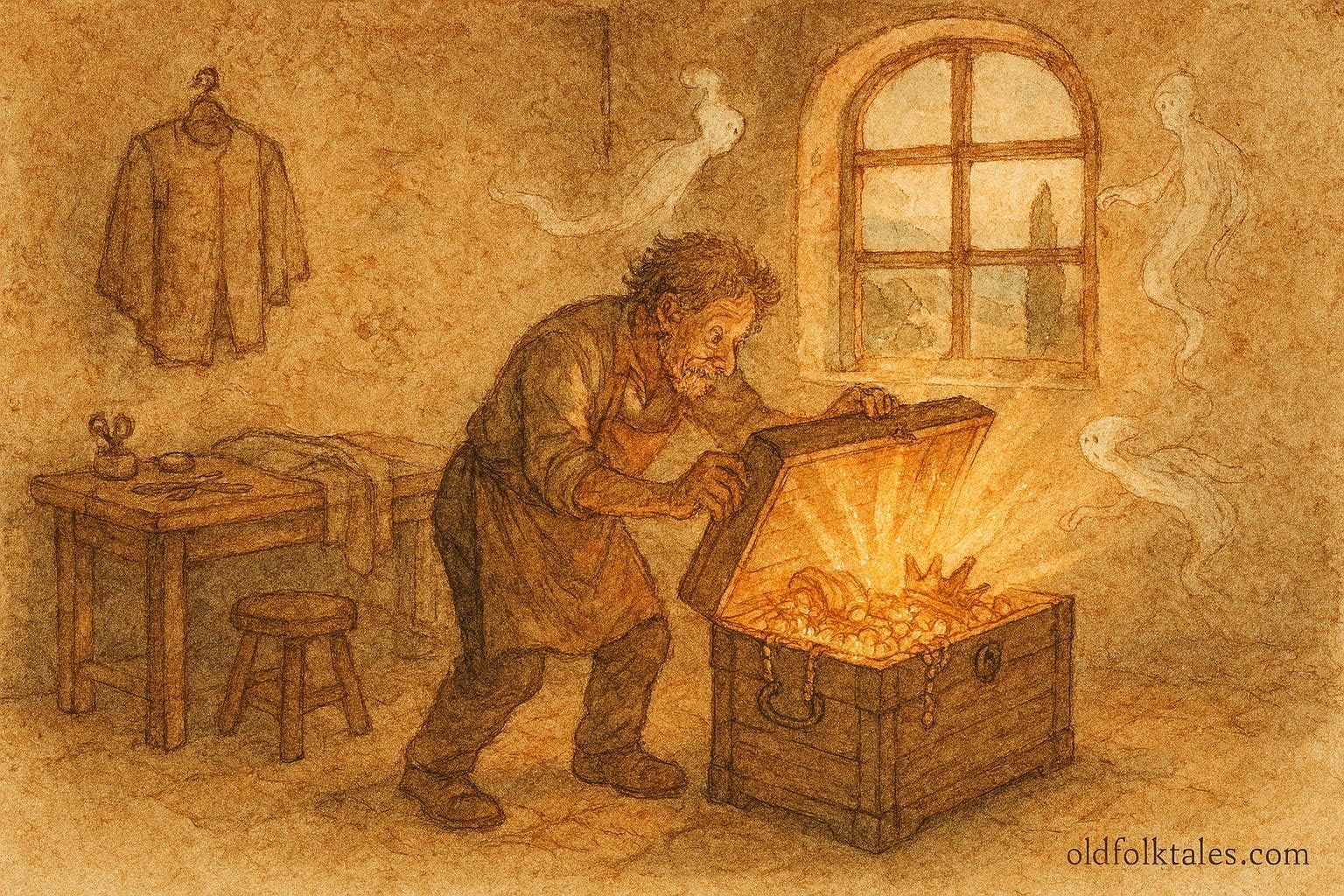 An illustration of a tailor opening a magical chest, Tuscan folklore scene.