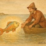 An artwork of Albanian fisherman releasing rainbow-scaled talking fish, magical folklore scene.
