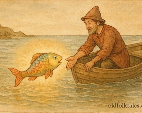 An artwork of Albanian fisherman releasing rainbow-scaled talking fish, magical folklore scene.