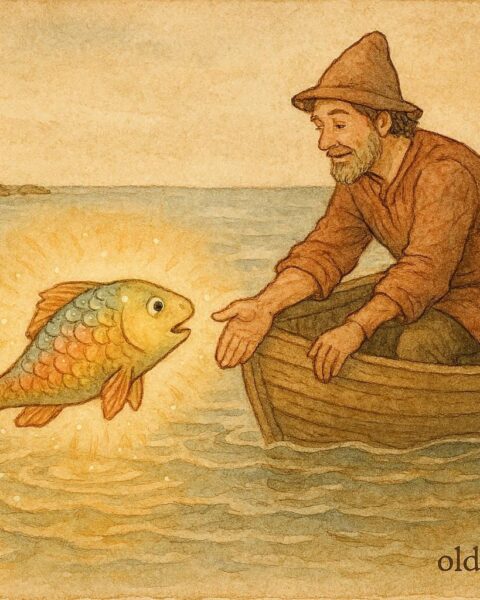 An artwork of Albanian fisherman releasing rainbow-scaled talking fish, magical folklore scene.