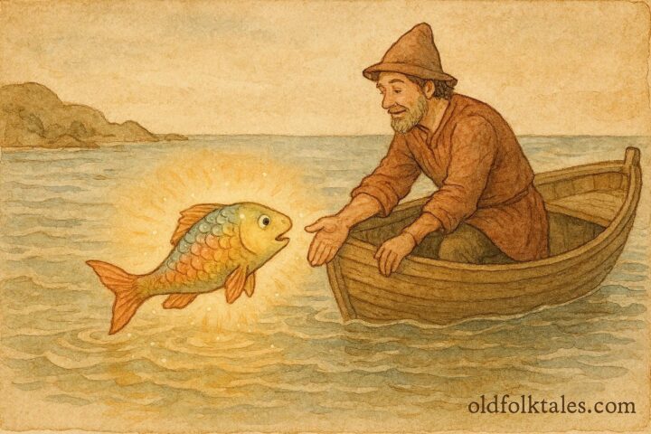 An artwork of Albanian fisherman releasing rainbow-scaled talking fish, magical folklore scene.