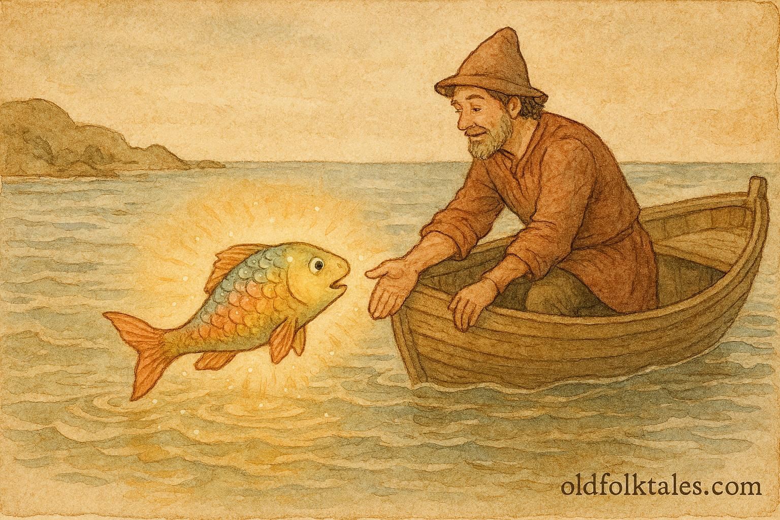 An artwork of Albanian fisherman releasing rainbow-scaled talking fish, magical folklore scene.