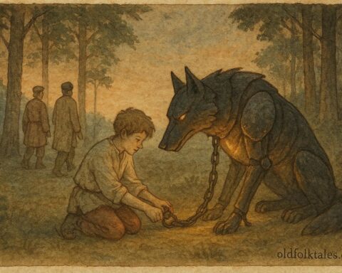 An artwork of boy freeing iron wolf, Ukrainian folktale scene.
