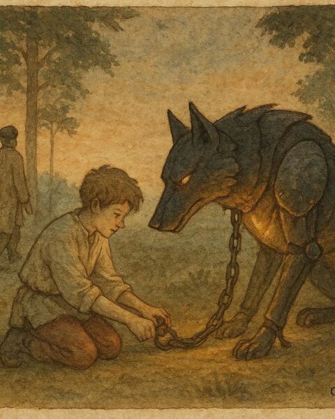An artwork of boy freeing iron wolf, Ukrainian folktale scene.