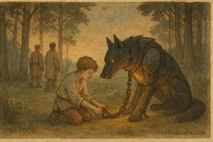 An artwork of boy freeing iron wolf, Ukrainian folktale scene.