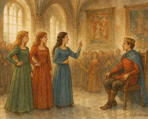 An illustration of three sisters solving royal challenges, Luxembourgish folktale scene.