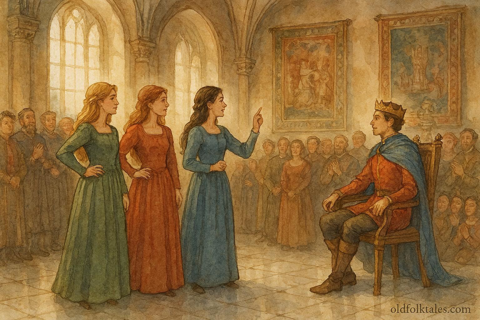 An illustration of three sisters solving royal challenges, Luxembourgish folktale scene.
