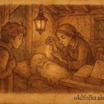 An illustration of magical golden hair being taken from sleeping Grandfather Know-All in Czech folktale.