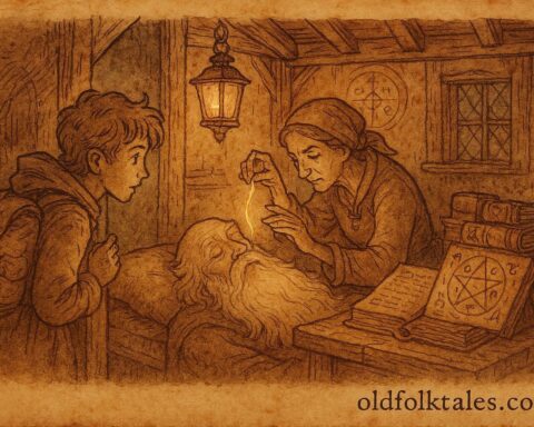 An illustration of magical golden hair being taken from sleeping Grandfather Know-All in Czech folktale.