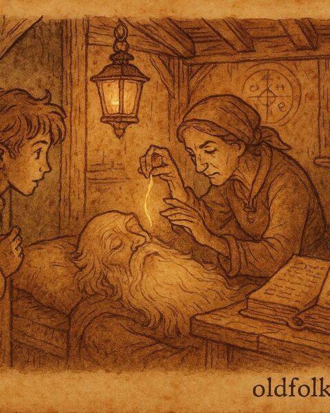 An illustration of magical golden hair being taken from sleeping Grandfather Know-All in Czech folktale.