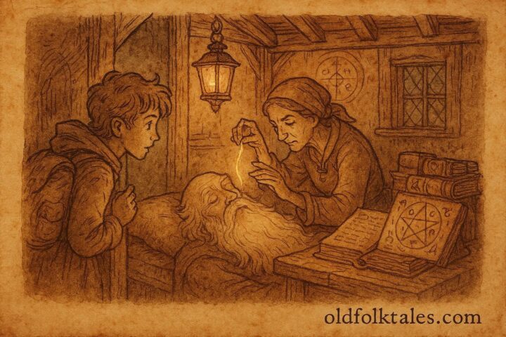 An illustration of magical golden hair being taken from sleeping Grandfather Know-All in Czech folktale.