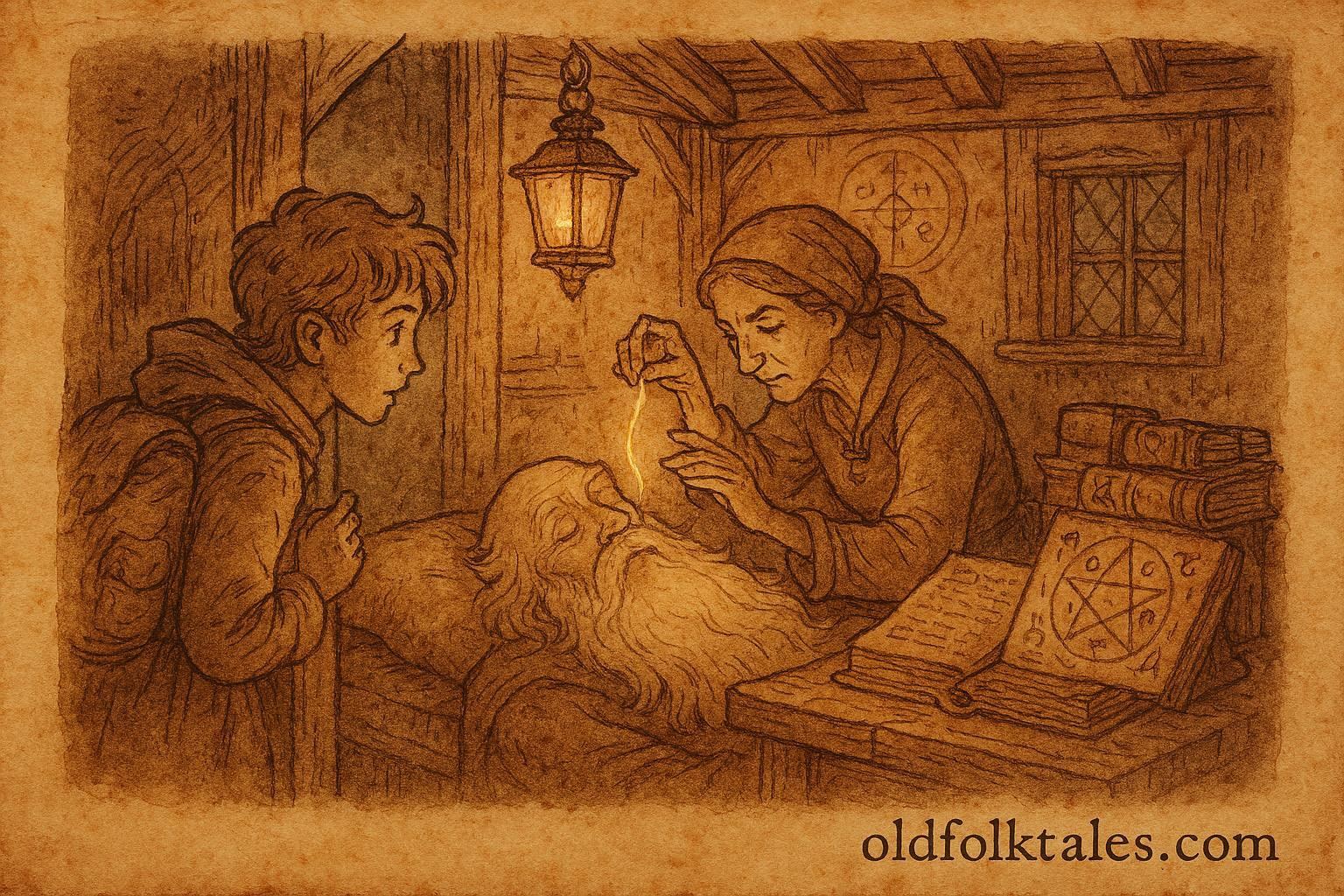 An illustration of magical golden hair being taken from sleeping Grandfather Know-All in Czech folktale.