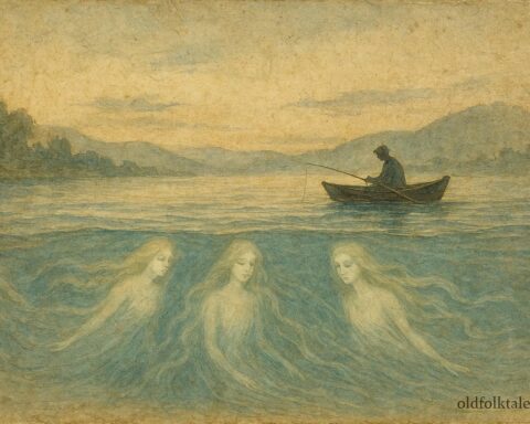An artwork of Rhine maidens beneath water guiding currents, Swiss folktale scene.