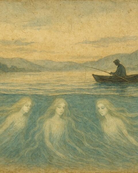 An artwork of Rhine maidens beneath water guiding currents, Swiss folktale scene.