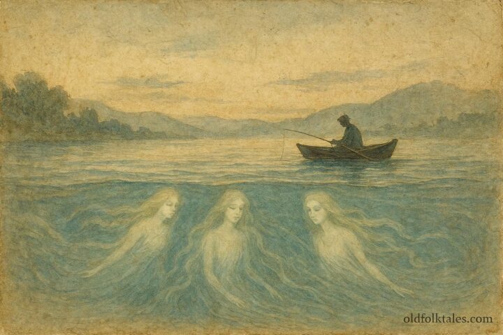 An artwork of Rhine maidens beneath water guiding currents, Swiss folktale scene.