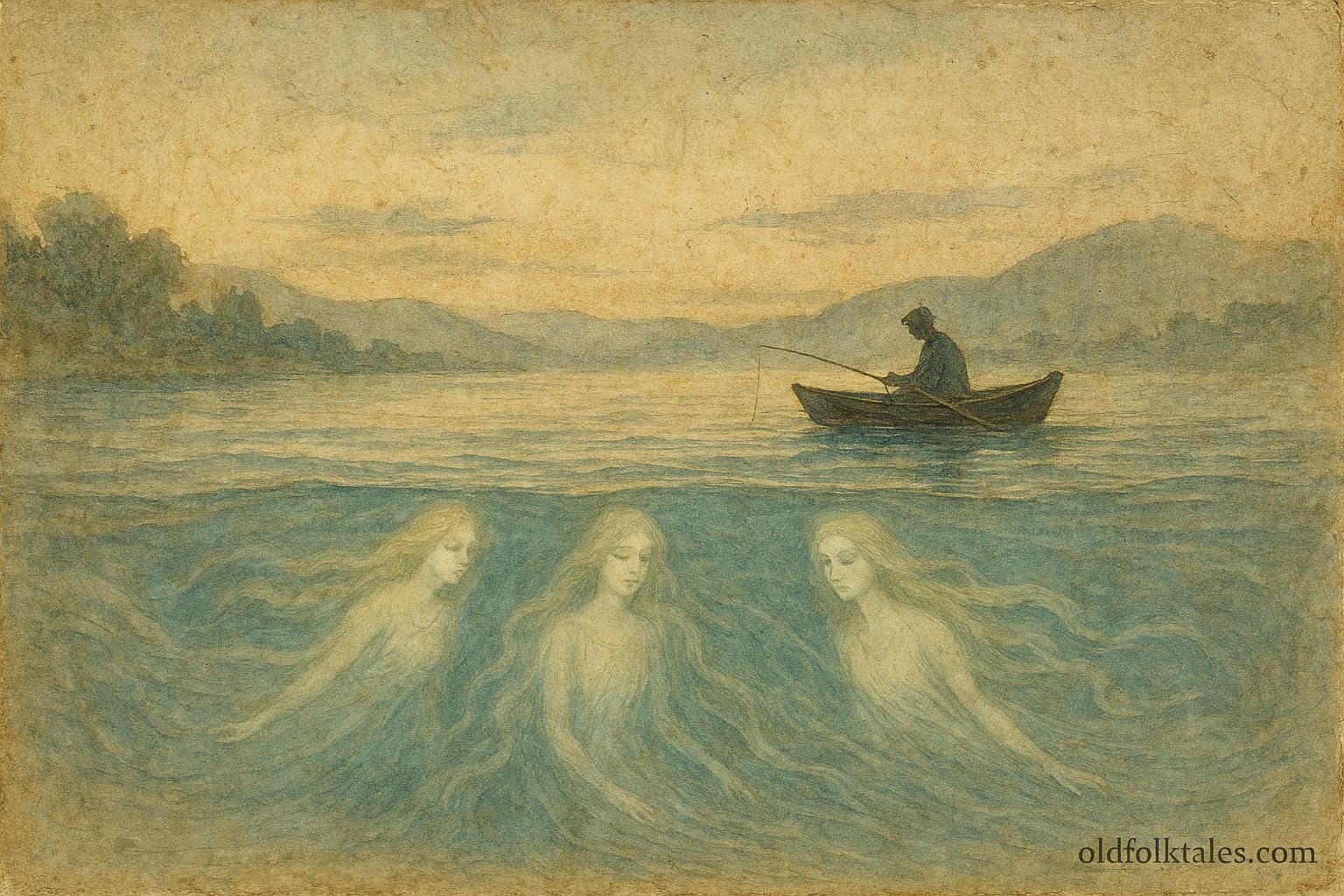 An artwork of Rhine maidens beneath water guiding currents, Swiss folktale scene.