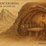 An illustration of sleeping emperor and treasure inside Untersberg mountain near Salzburg, Austrian legend.