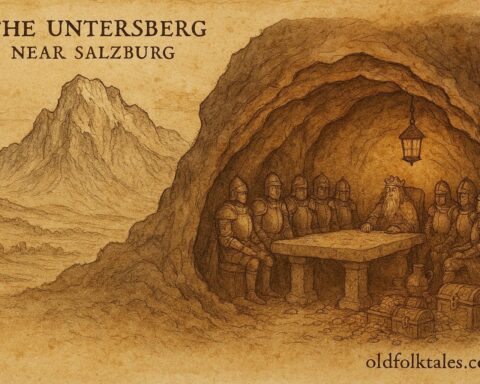 An illustration of sleeping emperor and treasure inside Untersberg mountain near Salzburg, Austrian legend.