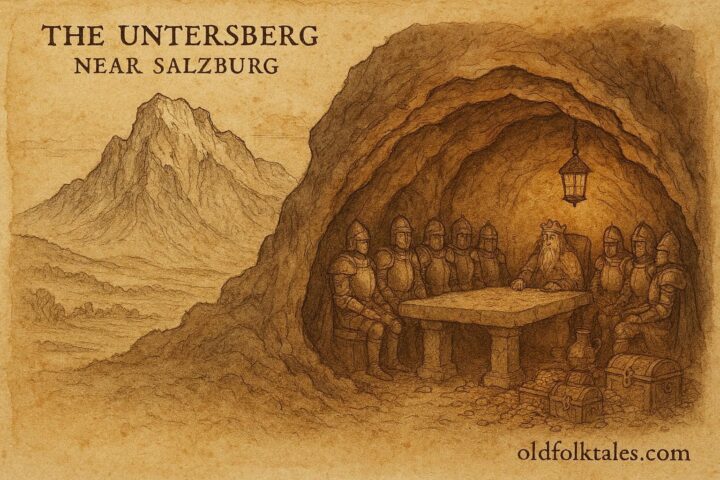 An illustration of sleeping emperor and treasure inside Untersberg mountain near Salzburg, Austrian legend.