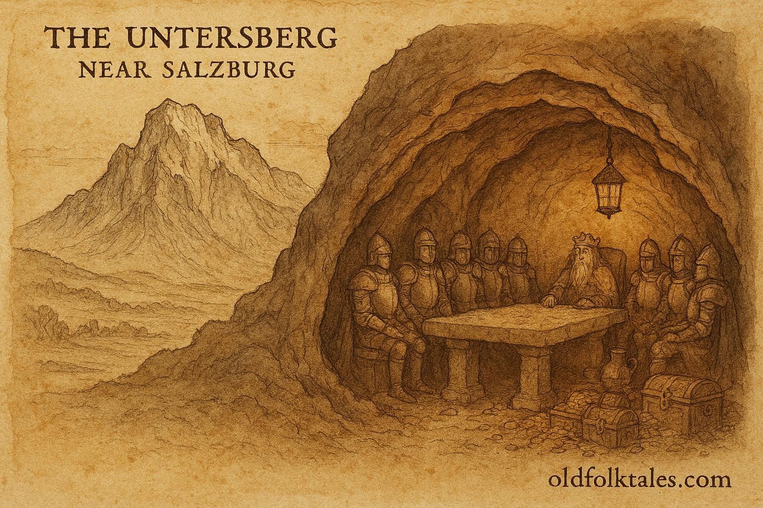 An illustration of sleeping emperor and treasure inside Untersberg mountain near Salzburg, Austrian legend.
